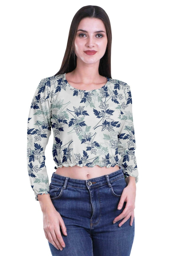 Round Neck Long Sleeve Crop Top Workout Elastic Waist Women Blouses