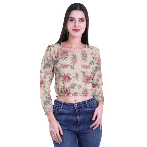 Moomaya Round Neck Long Sleeve Crop Top Workout Elastic Waist Women Blouses