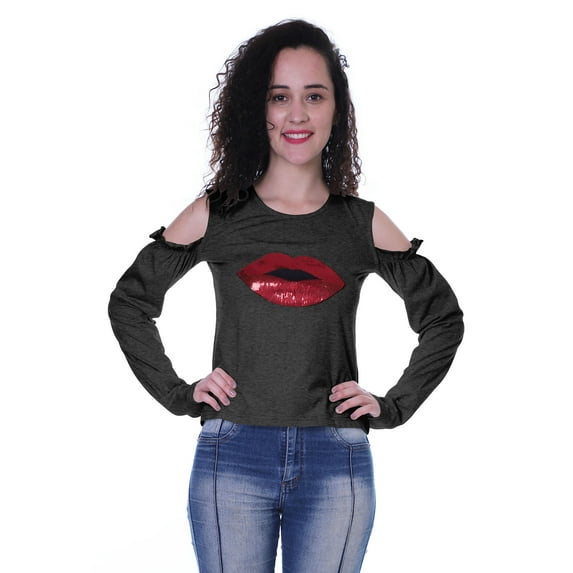 Moomaya Round Neck Sequins Patch Shirt Cold Shoulder Top For Women Casual Clothing