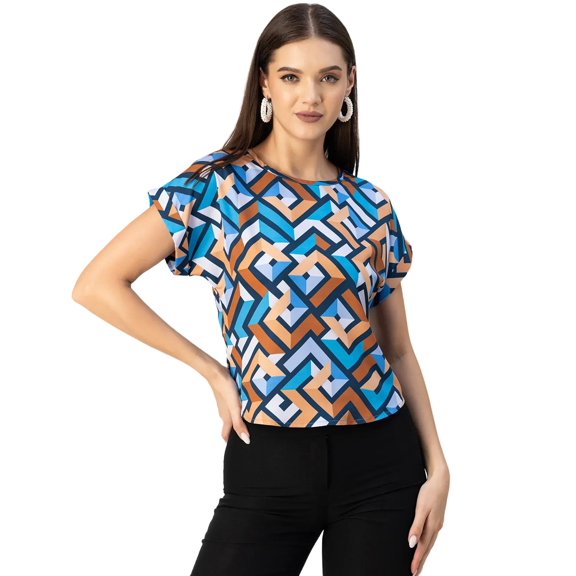 Moomaya Round Neck Short Sleeve Printed Loose Fit Top - Women's Casual Top