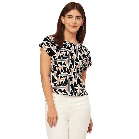 Moomaya Round Neck Short Sleeve Printed Loose Fit Top - Women's Casual Top