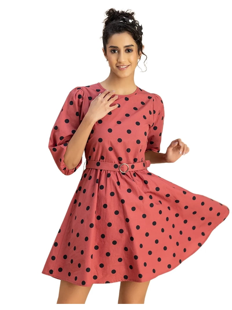 Moomaya Peach Cotton Polka Dot Skater Dress Moomaya Peach Cotton Polka Dot Skater Dress