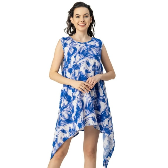 Moomaya Round Neck Sleeveless Printed Rayon Top - Women's Asymmetric Top