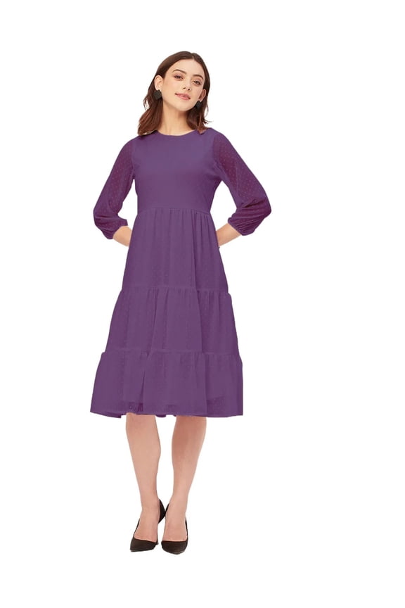 Round Neck Tiered Solid Georgette Dress - Women's Boho Tiered Dress