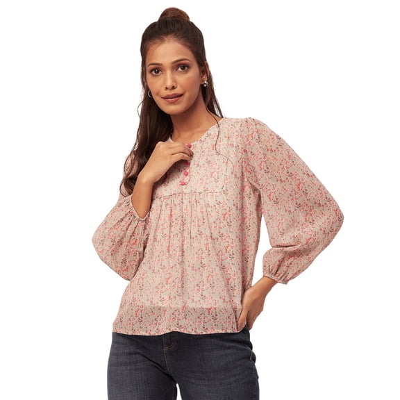 Moomaya Round Neck Tops For Women, Long Puff Sleeve Pleated Casual Tunic Top