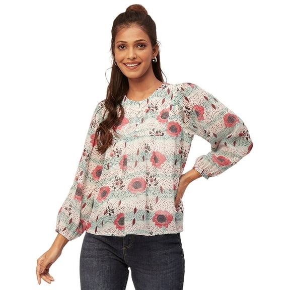 Moomaya Round Neck Tops For Women, Long Puff Sleeve Pleated Casual Tunic Top