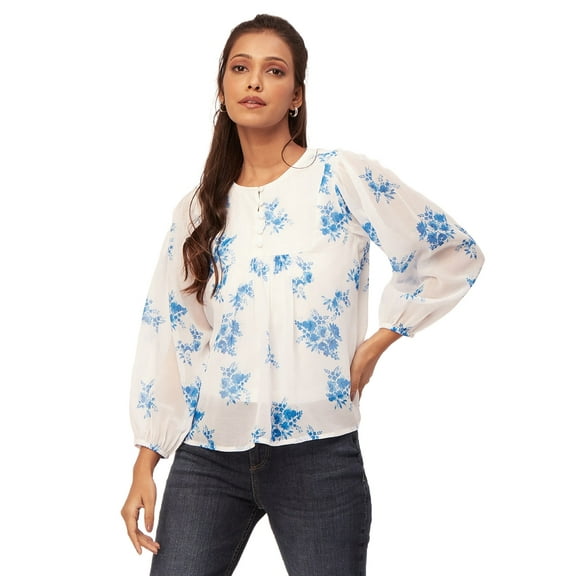 Moomaya Round Neck Tops For Women, Long Puff Sleeve Pleated Casual Tunic Top