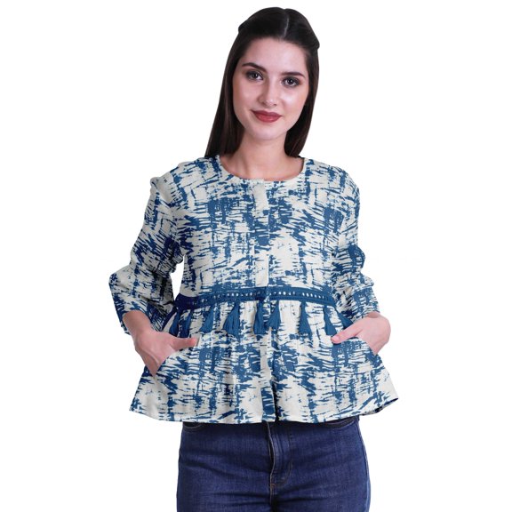Moomaya Round Neck Women Bell Sleeve Shirt Printed Cotton Crop Tops Casual Top