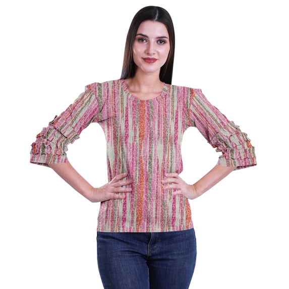 Moomaya Ruffle Sleeve Printed Cotton Womens Tops Plus Size Short T-Shirt Top