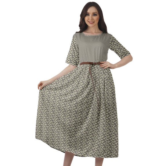 Moomaya Scoop Neck Midi Dress Pleated Dress For Women Flare Swing A-Line Dresses