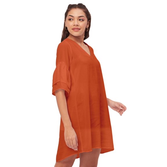 Moomaya Shift Dresses For Women, Tiered Bell Sleeves, V-Neck Short Solid Color Dress