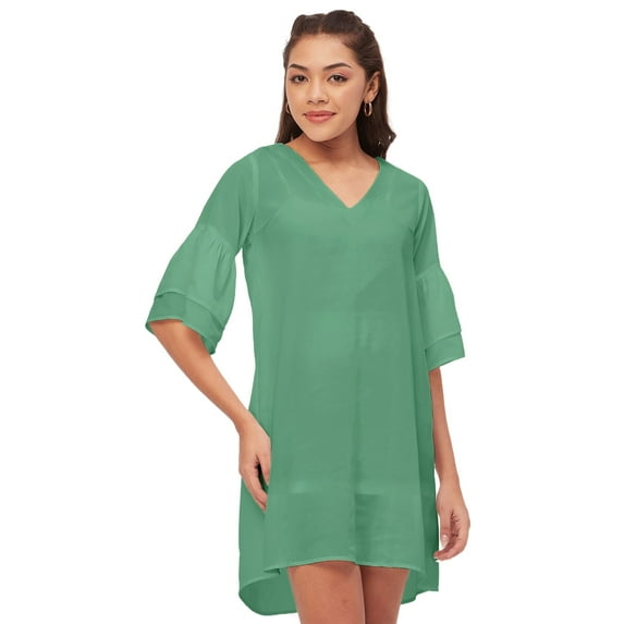 Moomaya Shift Dresses For Women, Tiered Bell Sleeves, V-Neck Short Solid Color Dress