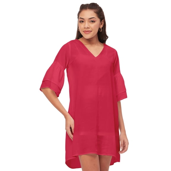 Moomaya Shift Dresses For Women, Tiered Bell Sleeves, V-Neck Short Solid Color Dress