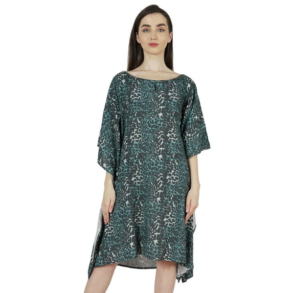 Moomaya Short Beach Kaftan Dress For Womens Print U-Neck Turkish Bikini Cover Up Dress