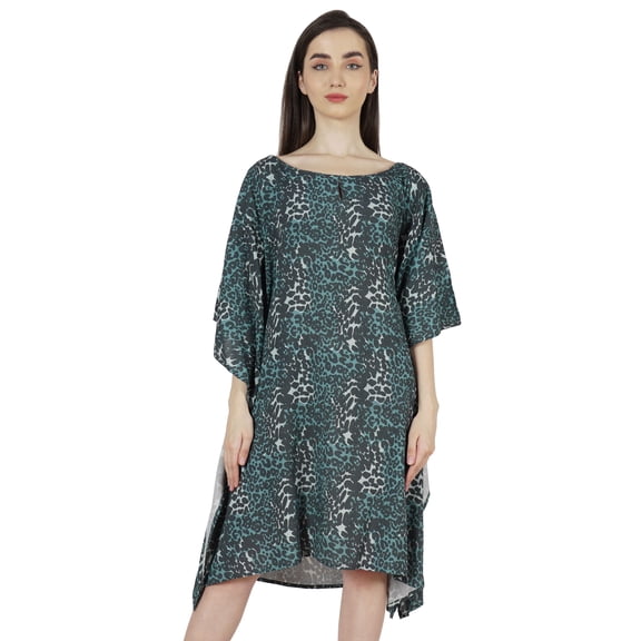 Moomaya Short Beach Kaftan Dress For Womens Print U-Neck Turkish Bikini Cover Up Dress