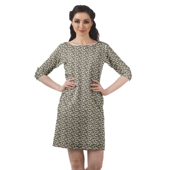 Moomaya Short Length Dresses Women Printed 3/4 Sleeve Casual Mini Tunic Dress