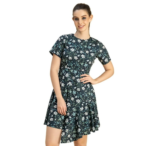 Moomaya Short Sleeve Asymmetric Printed Dress - Women's Trendy Casual Dress