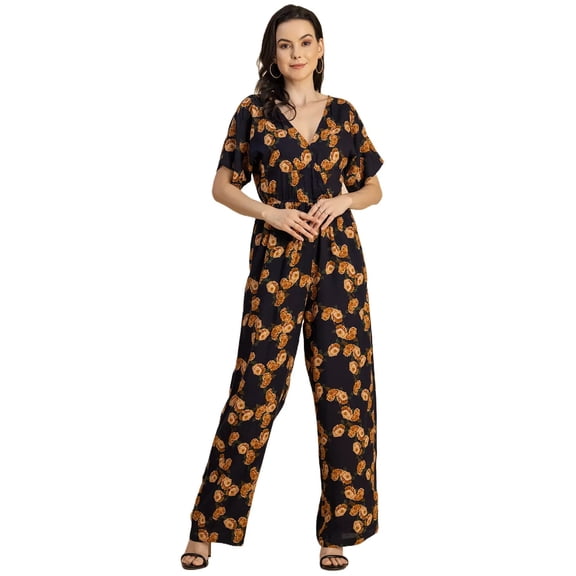 Moomaya Short Sleeve Full Leg Printed Rayon Jumpsuit - Women's Stylish Jumpsuit