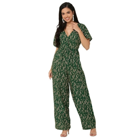 Moomaya Short Sleeve Full Leg Printed Rayon Jumpsuit - Women's Stylish Jumpsuit