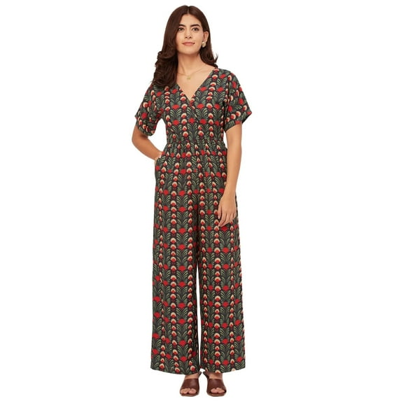Moomaya Short Sleeve Full Leg Printed Rayon Jumpsuit - Women's Stylish Jumpsuit