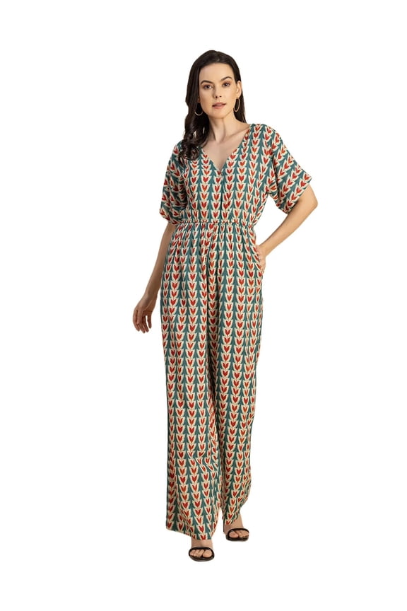 Short Sleeve Full Leg Printed Rayon Jumpsuit - Women's Stylish Jumpsuit