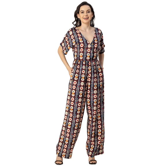 Moomaya Short Sleeve Full Leg Printed Rayon Jumpsuit - Women's Stylish Jumpsuit