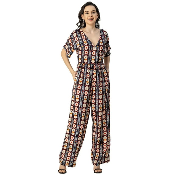 Moomaya Short Sleeve Full Leg Printed Rayon Jumpsuit - Women's Stylish Jumpsuit