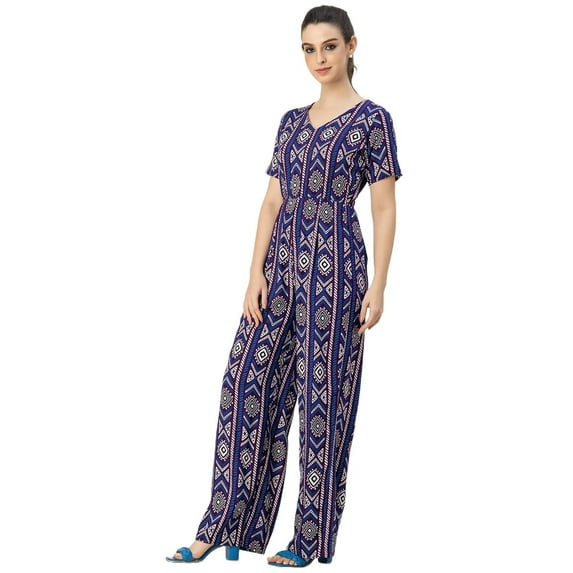 Moomaya Short Sleeve Full Leg Printed Rayon Jumpsuit - Women's Trendy Jumpsuit