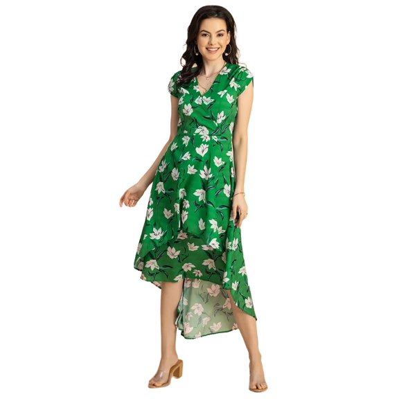 Moomaya Short Sleeve High-Low V Neck Printed Dress -Women's Stylish Summer Dress