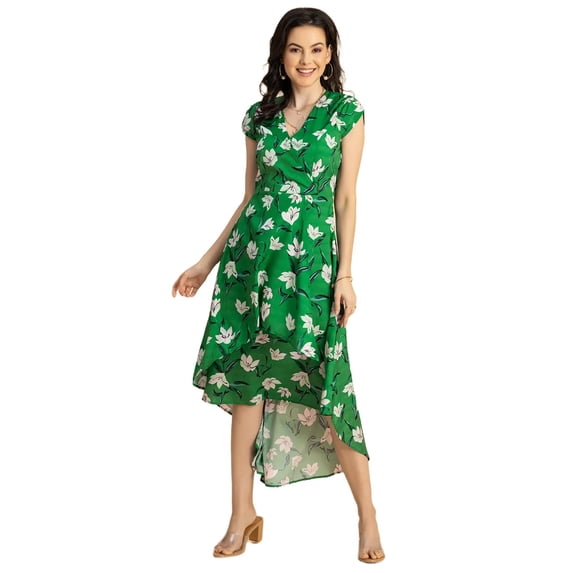 Moomaya Short Sleeve High-Low V Neck Printed Dress -Women's Stylish Summer Dress