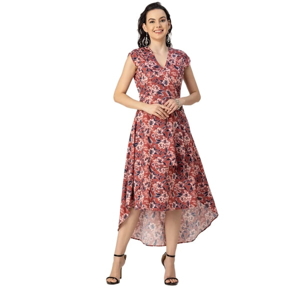 Moomaya Short Sleeve High-Low V Neck Printed Dress -Women's Stylish Summer Dress