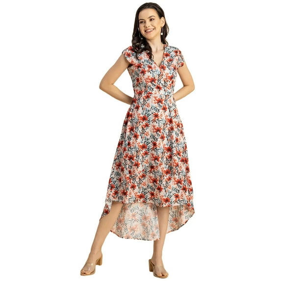 Moomaya Short Sleeve High-Low V Neck Printed Dress -Women's Stylish Summer Dress