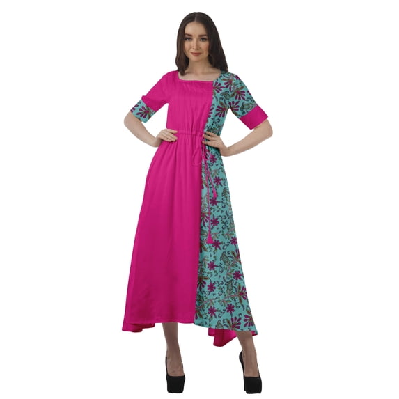 Moomaya Short Sleeve Partywear Viscose Santoon Scoop Neckline Dress For Women