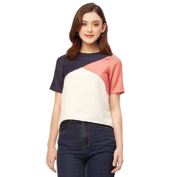 Moomaya Short Sleeve Round Neck Regular Fit Solid Top - Women's Casual Solid Top