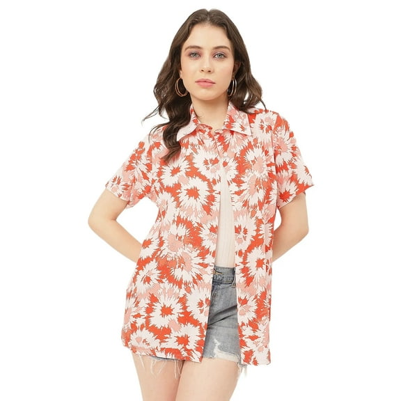 Moomaya Short Sleeve Shirt Collar Printed Rayon Shirt - Women's Casual Shirt