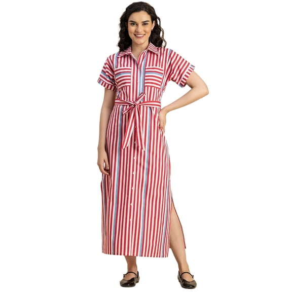 Moomaya Short Sleeve Spread Collar Cotton Dress - Women's Trendy Shirt Dress