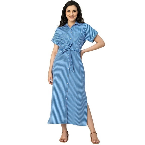 Moomaya Short Sleeve Spread Collar Cotton Dress - Women's Trendy Shirt Dress