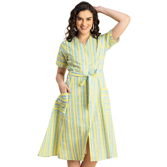Moomaya Short Sleeve V Neck A-Line Cotton Dress - Women's Casual A-Line Dress
