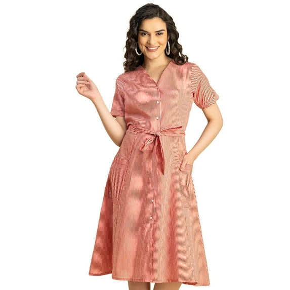 Moomaya Short Sleeve V Neck A-Line Cotton Dress - Women's Casual A-Line Dress