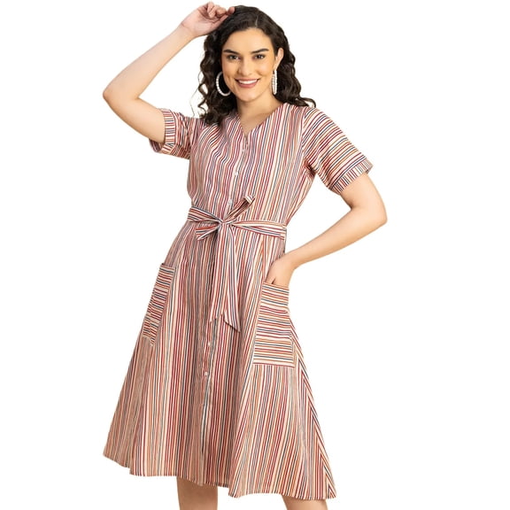 Moomaya Short Sleeve V Neck A-Line Cotton Dress - Women's Casual A-Line Dress