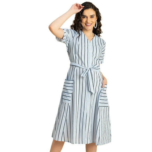 Moomaya Short Sleeve V Neck A-Line Cotton Dress - Women's Casual A-Line Dress