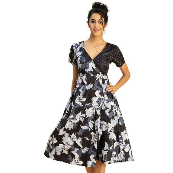 Moomaya Short Sleeve V Neck A-Line Printed Dress - Women's Trendy A-Line Dress