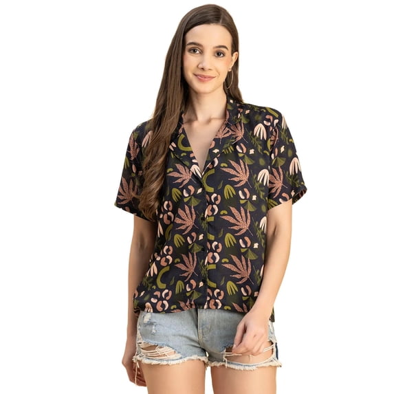 Moomaya Short Sleeves Notch Collar Rayon Shirt - Women's Trendy Printed Shirt