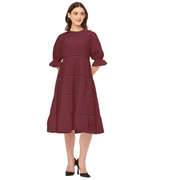 Moomaya Short Sleeves Round Neck Tiered Solid Cotton Dress -Women's Casual Dress