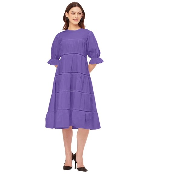 Moomaya Short Sleeves Round Neck Tiered Solid Cotton Dress -Women's Casual Dress