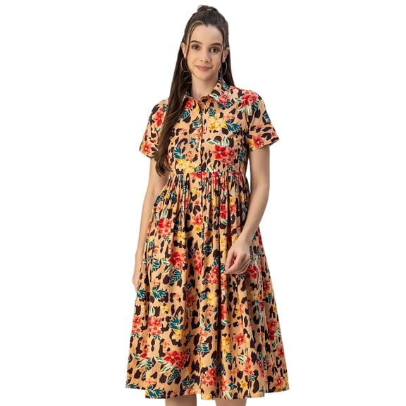 Moomaya Short Sleeves Spread Collar Flared Cotton Dress - Women's Elegant Dress