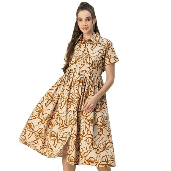 Moomaya Short Sleeves Spread Collar Flared Cotton Dress - Women's Elegant Dress