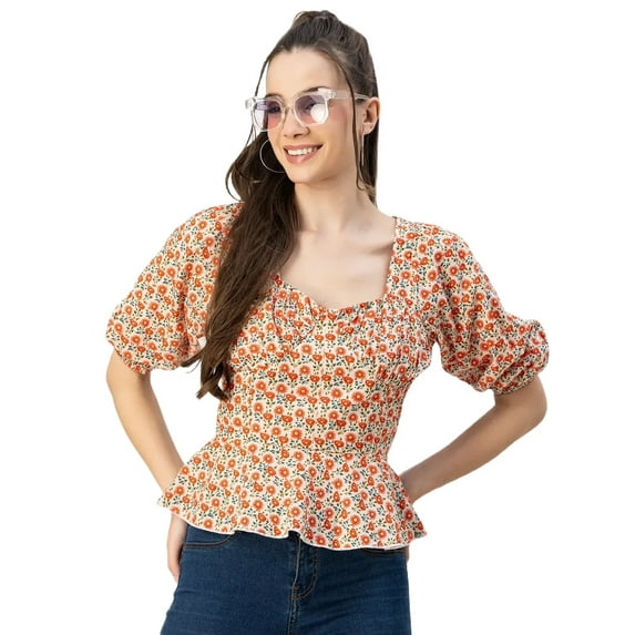 Moomaya Short Sleeves Sweetheart Neck Cotton Top - Women's Elegant Peplum Top