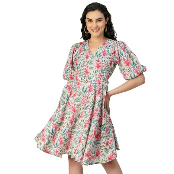 Moomaya Short Sleeves V Neck Cotton Dress - Women's Stylish Fit And Flare Dress