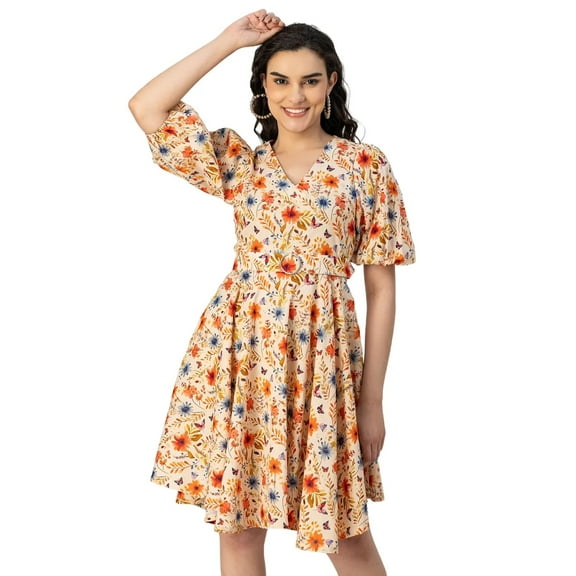 Moomaya Short Sleeves V Neck Cotton Dress - Women's Stylish Fit And Flare Dress